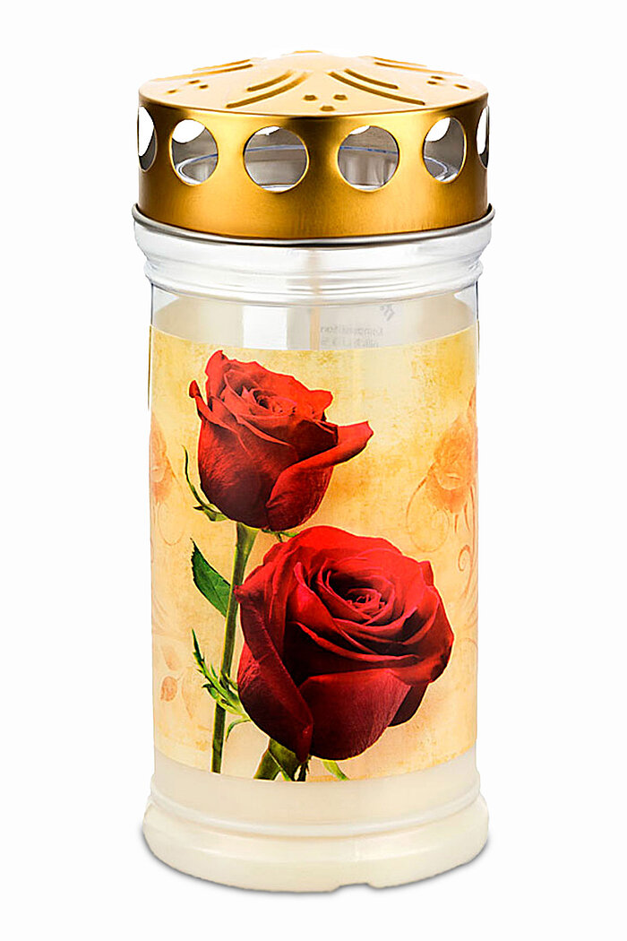 Eine Grabkerze mit einem goldfarbenen, perforierten Deckel. Der Körper der Kerze ist transparent und zeigt ein Bild von zwei roten Rosen auf einem beigefarbenen Hintergrund mit dezenten, wirbelartigen Mustern. Die Rosen sind zentrales Motiv und heben sich