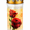 Eine Grabkerze mit einem goldfarbenen, perforierten Deckel. Der Körper der Kerze ist transparent und zeigt ein Bild von zwei roten Rosen auf einem beigefarbenen Hintergrund mit dezenten, wirbelartigen Mustern. Die Rosen sind zentrales Motiv und heben sich