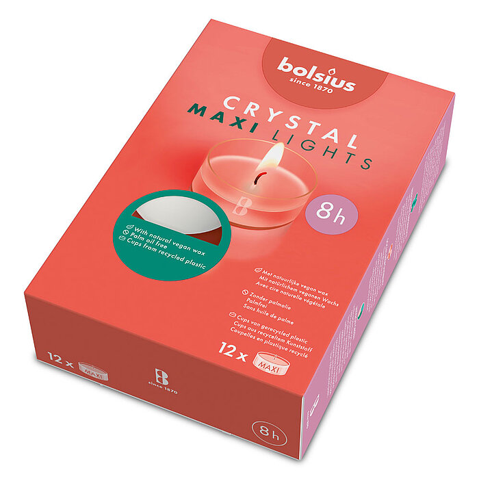 12 Bolsius Crystal Maxi Lights Teelichter in der Größe 5,7x2,5cm mit einer Brenndauer von 8 Stunden in der Farbe weiß.