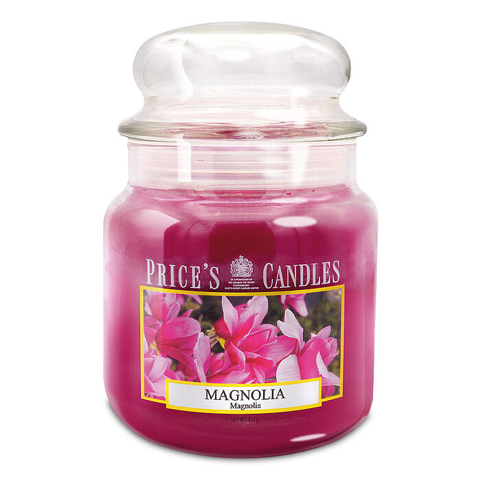 Eine Duftkerze im Apothekerglas von Prices Candles in der Größe 14,2x9,5cm mit dem Geruch Magnolia und einem Gewicht von 411g.