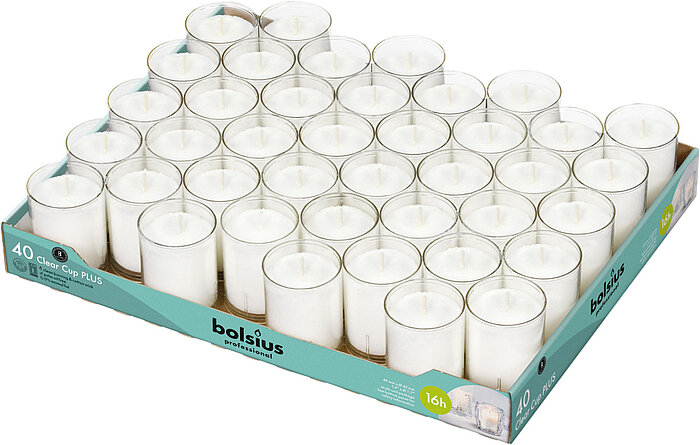 40 transparente Cups von Bolsius in der Größe 4,9x4,2cm in der Farbe klar.