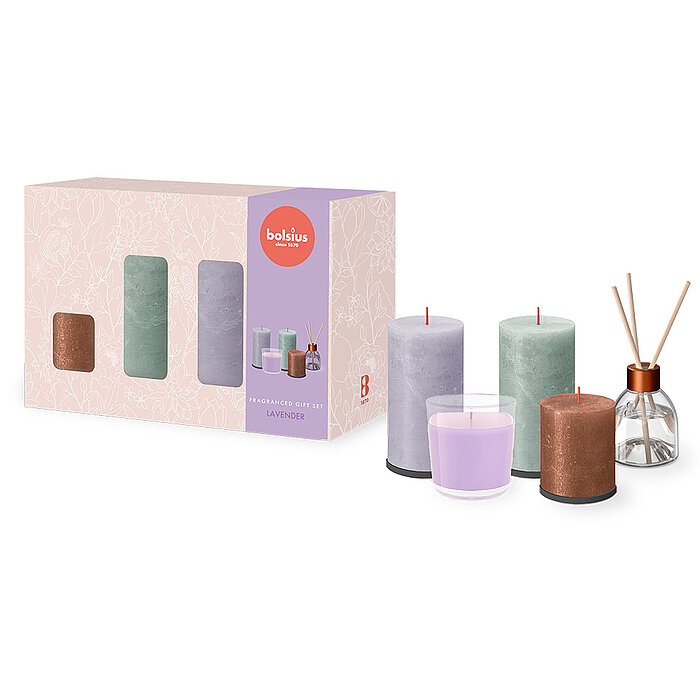 Ein Bolsius Raumduft-Geschenk-Set funky freshness mit dem Geruch Lavendel.