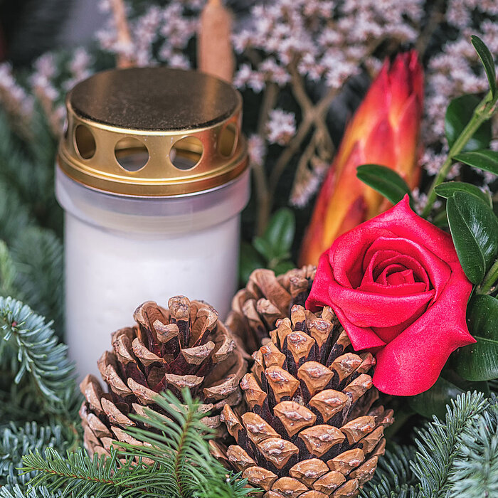 Ein weißes Grablicht mit goldenem Deckel steht zwischen mehreren Tannenzweigen, großen Tannenzapfen und einer roten Kunstrose. Im Hintergrund sind unscharfe, kleine weiße Blüten zu erkennen. Die Anordnung strahlt eine ruhige und besinnliche Atmosphäre aus