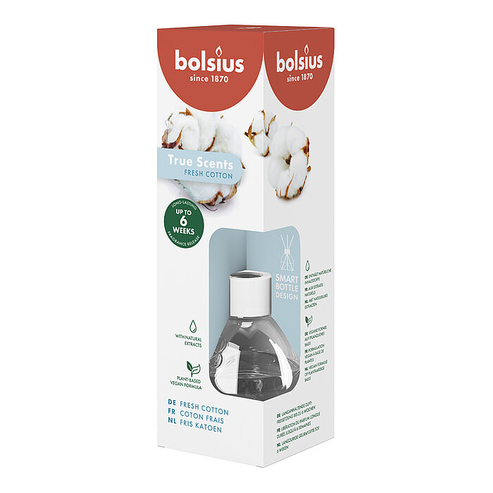 Ein True Scents Raumduft von Bolsius mit 60ml Inhalt mit dem Geruch Fresh Cotton.