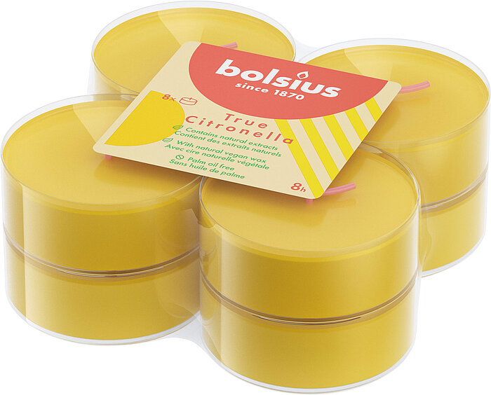 8 Maxi-Teelichter von Bolsius in der Größe 5x2,5cm mit dem Duft "Citronella" in der Farbe weiß.