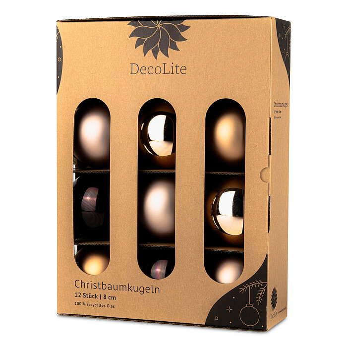 Ein 12er Pack Christbaumkugeln in Lounge mit 8cm Durchmesser von DecoLite in einer dekorativen Schachtel.