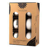 decolite-christbaumkugeln-10-cm-grau-144561006005.jpg Ein 6er Pack Christbaumkugeln in Grau mit 10cm Durchmesser von DecoLite in einer dekorativen Schachtel.