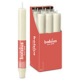 Eine durchgefärbte XL Rustik Haushaltskerze mit konischem Fuß in der Farbe Weiche Perle. Im Hintergrund ist ein 9er Pack der Stabkerzen in einer Schachtel von Bolsius zu sehen.