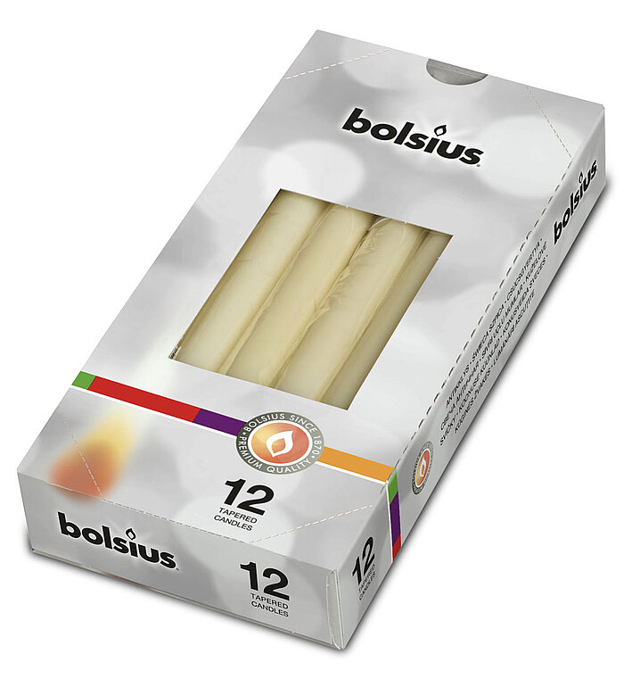 12 Spitzkerzen von Bolsius in der Größe 24,5x2,4cm in der Farbe Elfenbein.