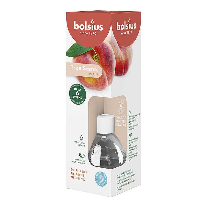Ein True Scents Raumduft von Bolsius mit 60ml Inhalt mit dem Geruch Pfirsich.