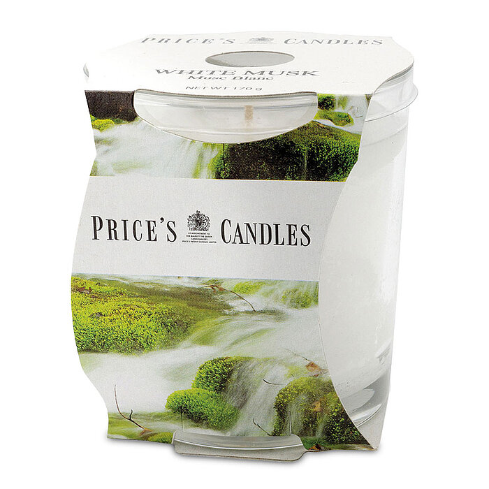 Ein Duftglas von Prices Candles in der Größe 8,9x8,0cm in der Geruchssorte White Musk.