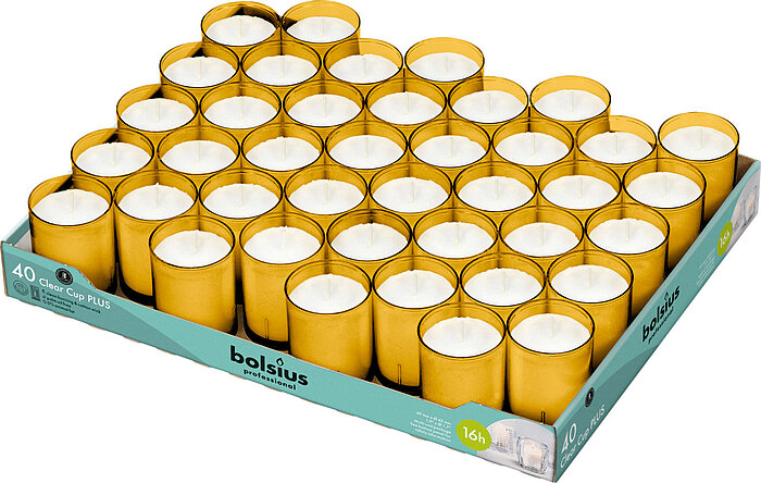 40 transparente Cups von Bolsius in der Größe 4,9x4,2cm in der Farbe Bernstein.