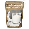 Eine Verpackung mit der Aufschrift "Candle Granulate - Create Your Own Light" und "Wenzel" ist zu sehen. Auf der Verpackung ist ein Bild eines gläsernen Kerzenhalters mit einer brennenden weißen Kerze abgebildet. Die Verpackung hat eine beige Farbe und ze