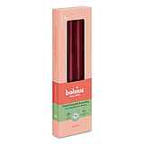 Ein 4er Pack Metallic Spitzkerzen in der Farbe Rot in einer rosa Schachtel mit Bolsius Schriftzug.