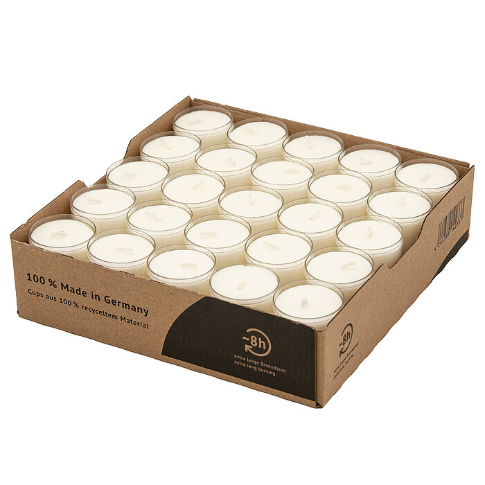 50 Teelichter Nightlights von Decolite in der Größe 2,5x3,8cm mit einer Brenndauer von 8 Stunden in der Farbe weiß.