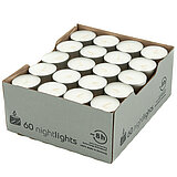 60 Teelichter Nightlights von Richard Wenzel in der Größe 2,4x3,8cm in der Farbe weiß.