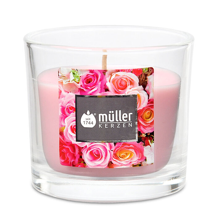 Ein Duftglas von Müller Kerzenfabrik in der Größe 6,5x7cm mit dem Geruch Englische Rose.