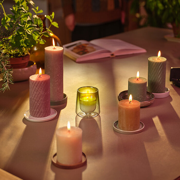 Rustikale Bolsius Rustik Stumpenkerzen „Ribbed“ in verschiedenen Trendfarben – harmonisch arrangiert auf Untersetzern zwischen Kräutern für gemütliche Wohnatmosphäre.