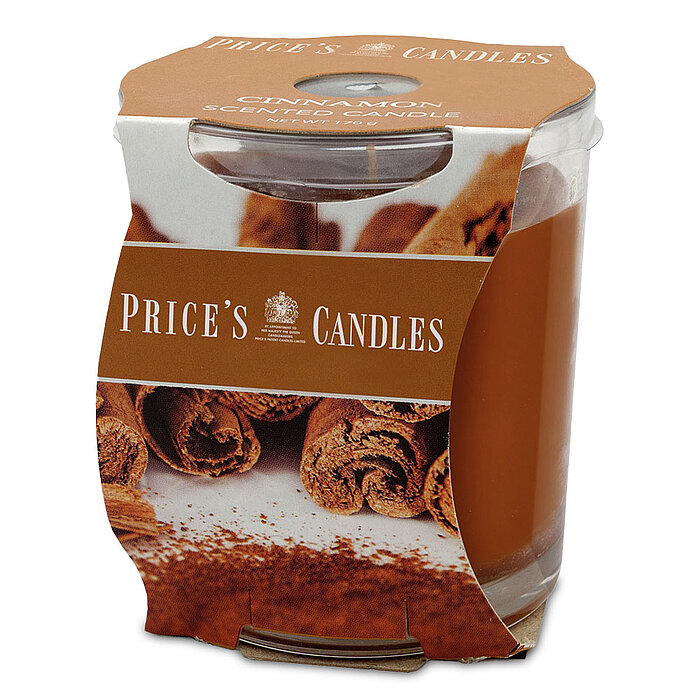Eine Duftkerze im Glas von Prices Candles in der Größe 8,9x8,0cm mit dem Duft Cinnamon.