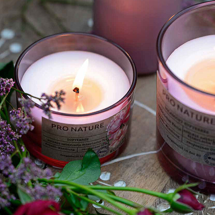 Drei brennende Müller Kerzen in transparenten Gläsern, die auf einem Holztisch stehen. Zwei Gläser in der vorderen Reihe sind beschriftet mit "Pro Nature" und enthalten rot-weiß gemischte und gelb-weiß gemischte Kerzen. Eine weitere lila Kerze in einem Gl