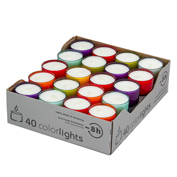 30 Teelichter Colorlights von Richard Wenzel in der Größe 3x3,9cm in der Farbe Pastellfarben.