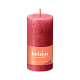 Eine durchgefärbte Rustik Stumpenkerze in der Farbe Zartes Rot mit den Maßen 100/50mm (H/DM). Der Banderole kann man die Marke "Bolsius" sowie die Hinweise "25% pflanzenbasiertes EU-Wachs", "0% tierisches Fett" und "Ohne Palmöl" ablesen.