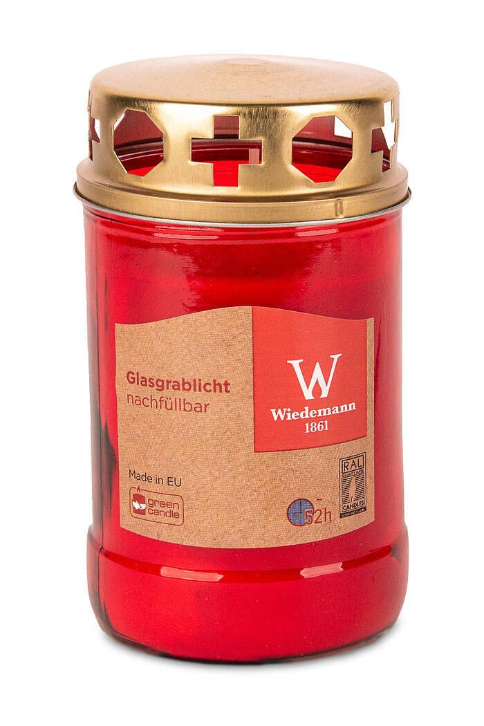 Ein nachfüllbares Grablicht aus Glas von Wiedemann in der Größe 12,5x6,8cm in der Farbe rot.