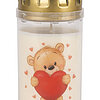 Weiße Grabkerze mit Motiv, ein Teddybär, der ein großes Herz in den Pfoten hält. Das Grablicht hat einen goldenen Blechdeckel.