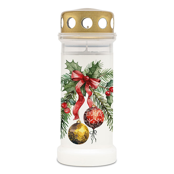 Eine weiße Bolsius Grabkerze mit 70h Brenndauer mit weihnachtlichem Schleifen-Motiv und goldenem Deckel.