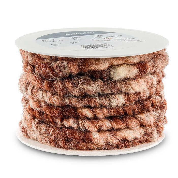 Eine Wollkordel von KragoArt mit der Breite 10mm und einer Länge von 10m in der Farbe Braun Melange.