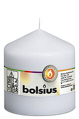 Eine Stumpenkerze in der Farbe Weiß mit den Maßen 100/98mm (H/DM) und 45h Brenndauer. Auf der Banderole ist der Markenname "Bolsius" abzulesen.