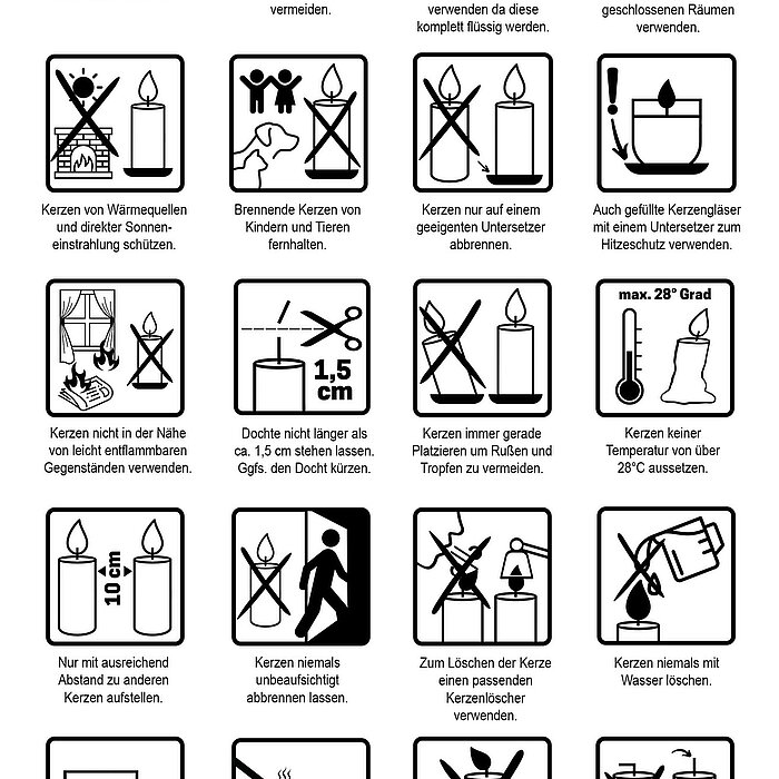 Das Bild zeigt eine Sammlung von Sicherheitshinweisen und Anleitungen für den sicheren Gebrauch von Kerzen. Es enthält zahlreiche Symbole und Piktogramme, die verschiedene Warnungen und Benutzungshinweise illustrieren. Die Hinweise sind in rechteckigen Ra
