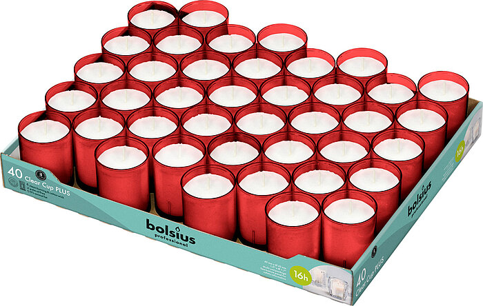 40 transparente Cups von Bolsius in der Größe 4,9x4,2cm in der Farbe rot.