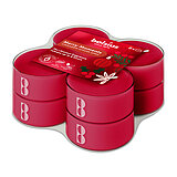 Ein 8er Pack Bolsius Maxi Duft-Teelichter im transparenten Becher, mit rotem Wachs und mit Ingwer-Zimt-Apfel-Duft.