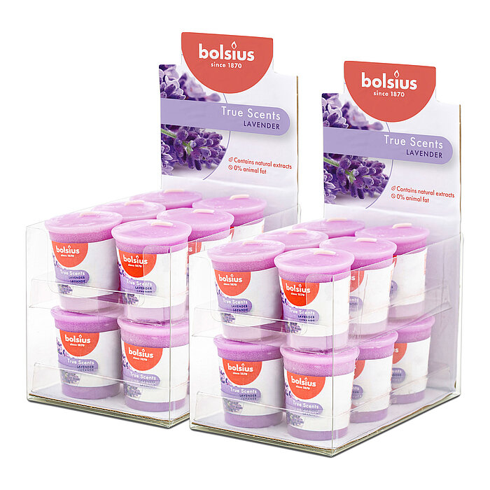 24 True Scents Votivkerzen von Bolsius in der Größe 5,3x4,5cm mit dem Geruch Lavendel.