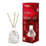 Ein Bolsius Raumduft-Diffuser mit Ingwer-Zimt-Apfel-Duft. Neben dem Diffuser steht die dekorative, rote Verpackung des Artikels mit weihnachtlichem Motiv.