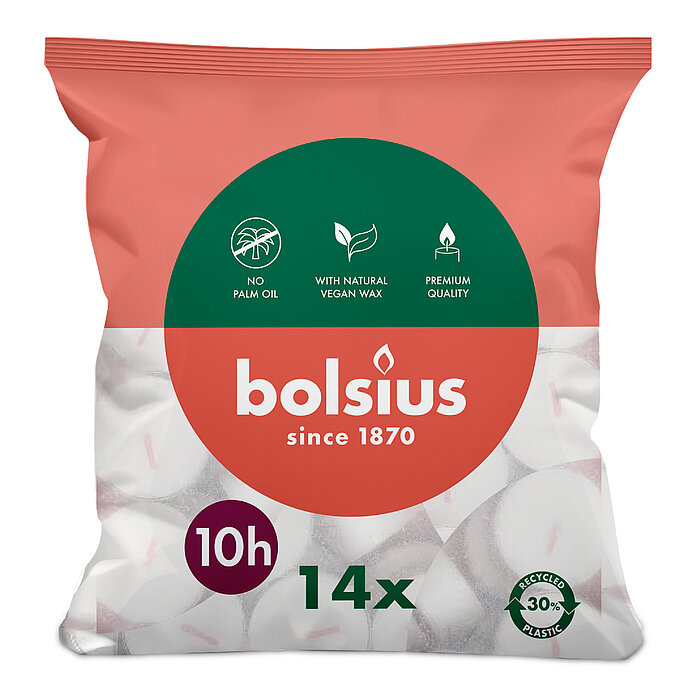 14 Maxi-Teelichter von Bolsius in der Größe 5,7x5,7cm in der Farbe weiß.