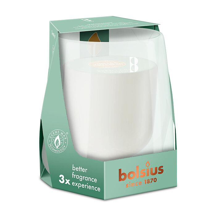 Ein Bolsius Cleanlight Starterkit bestehend aus einem weißen Glashalter und einer Duftkerze mit Vanille/Tonkabohne-Duft in einer stylischen grünen Verpackung mit Bolsius Schriftzug.