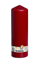 Eine Stumpenkerze in der Farbe Elfenbein mit den Maßen 300/98mm (H/DM) und 180h Brenndauer. Auf der Banderole ist der Markenname "Bolsius" abzulesen.