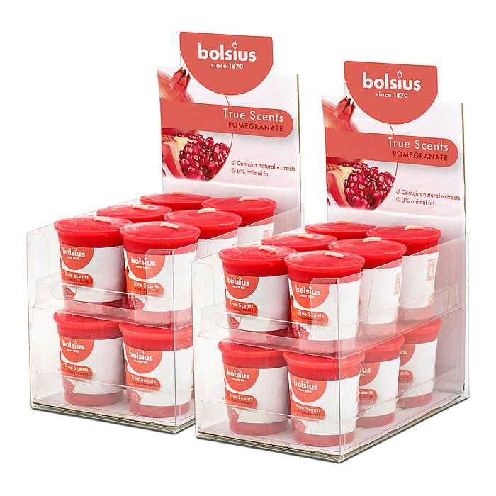 24 True Scents Votivkerzen von Bolsius in der Größe 5,3x4,5cm mit dem Geruch Pomegranate.