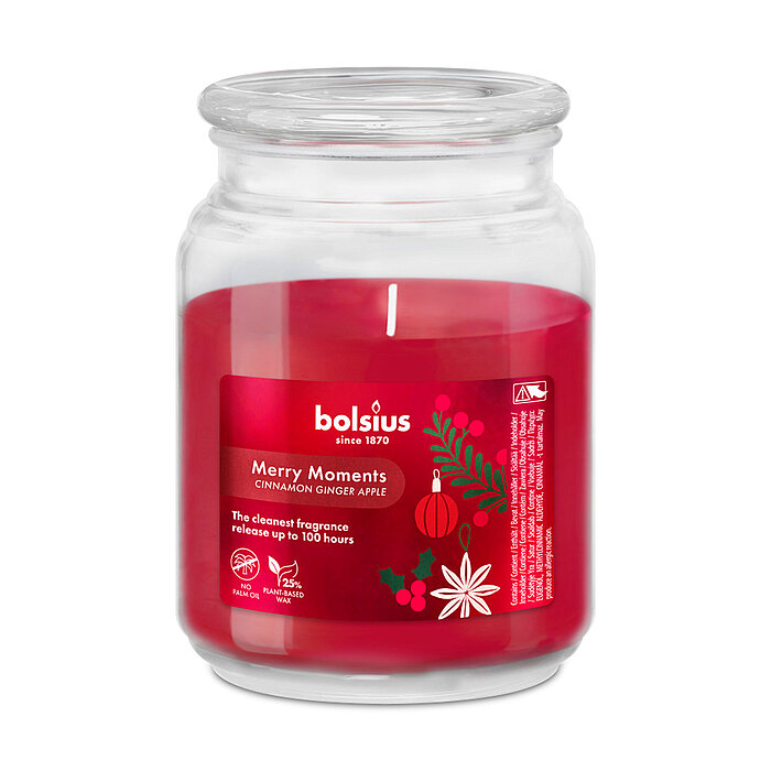 Ein großes Bolsius Duftkerzenglas mit Ingwer-Zimt-Apfel-Duft, in Form eines Bonbonglases mit Deckel und rotem Wachs.