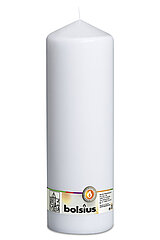 Eine Stumpenkerze in der Farbe Weiß mit den Maßen 300/98mm (H/DM) und 180h Brenndauer. Auf der Banderole ist der Markenname "Bolsius" abzulesen.