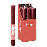 Eine durchgefärbte XL Rustik Haushaltskerze mit konischem Fuß in der Farbe Samtrot. Im Hintergrund ist ein 9er Pack der Stabkerzen in einer Schachtel von Bolsius zu sehen.