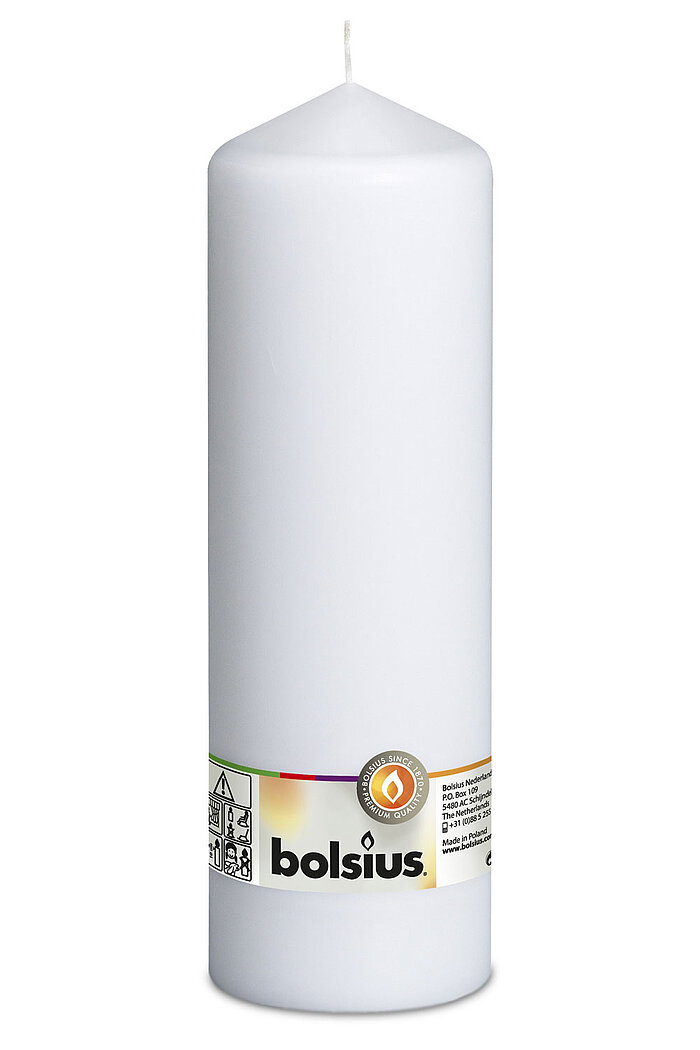 Eine Stumpenkerze in der Farbe Weiß mit den Maßen 250/78mm (H/DM) und 111h Brenndauer. Auf der Banderole ist der Markenname "Bolsius" abzulesen.