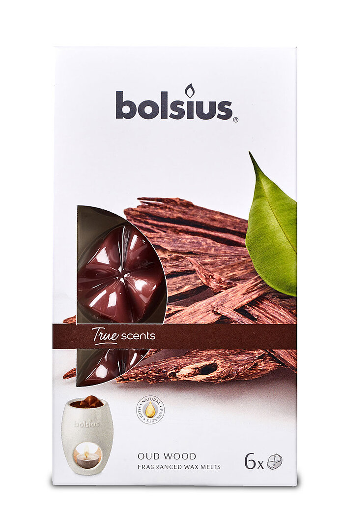 Eine 6er Packung True Scents Wax Melts von Bolsius mit dem Geruch Oud Wood.