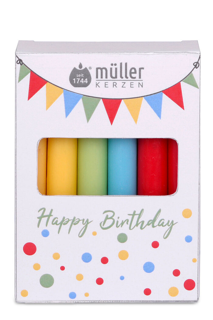 Eine Packung Müller Kerzen, die durch ein Fenster in der Verpackung sichtbar sind. Die Kerzen zeigen sich in den Farben Gelb, Grün, Blau und Rot. Auf der Verpackung steht "Happy Birthday", umgeben von bunten Punkten und einer Girlande mit farbigen Dreieck