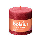 Eine durchgefärbte Rustik Stumpenkerze in der Farbe Zartes Rot mit den Maßen 100/100mm (H/DM). Der Banderole kann man die Marke "Bolsius" sowie die Hinweise "25% pflanzenbasiertes EU-Wachs", "0% tierisches Fett" und "Ohne Palmöl" ablesen.