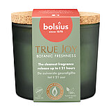 Ein Bolsius Duftglas True Joy, Duftrichtung "Botanic Freshness" aus grünem Milchglas und mit Korkdeckel.