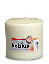 Eine XL Stumpenkerze / Mammutkerze mit 3 Dochten in der Farbe Elfenbein und den Maßen 150/150mm (H/DM) und 75h Brenndauer. Auf der Banderole ist der Markenname "Bolsius" abzulesen.