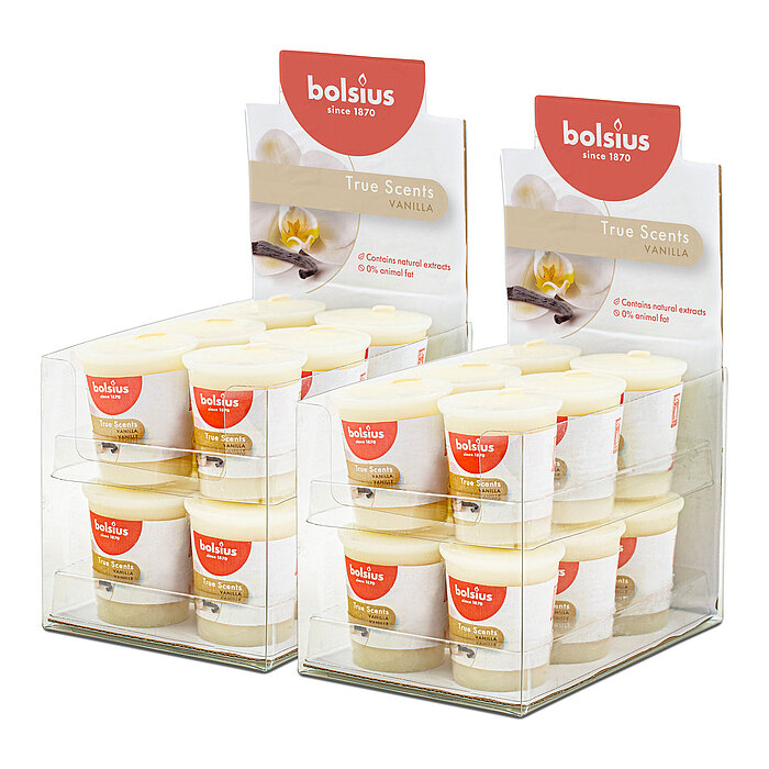 24 True Scents Votivkerzen von Bolsius in der Größe 5,3x4,5cm mit dem Geruch Vanille.